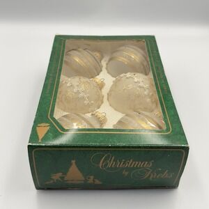 Christmas Set 6 Krebs Frosted Glass Ornaments With Floral Glitter Gold Stripe